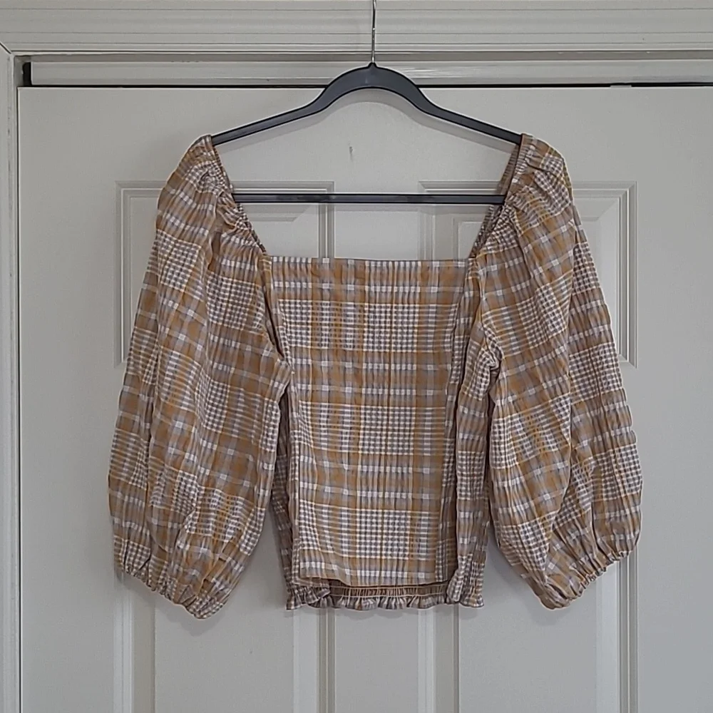Anthro Maeve White & Yellow Plaid Smocked Blouse - Size M